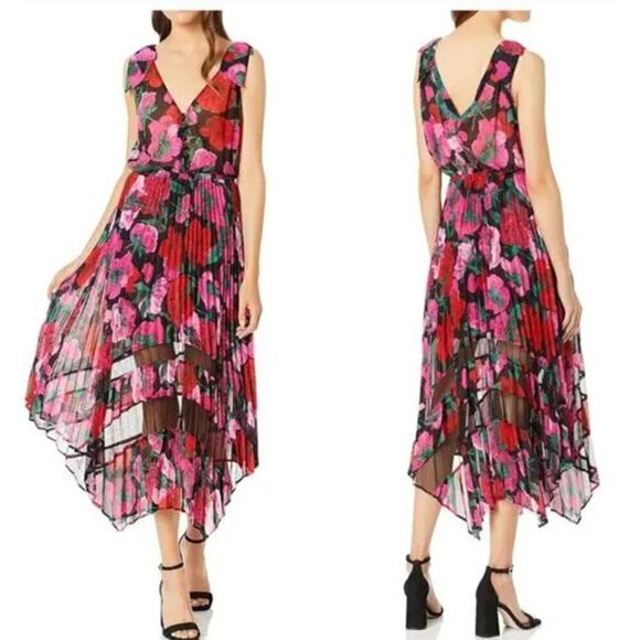 The Kooples Dolce Vita Dress Floral Print Pleated Sleeveless Midi Black Pink 2 - Picture 1 of 7
